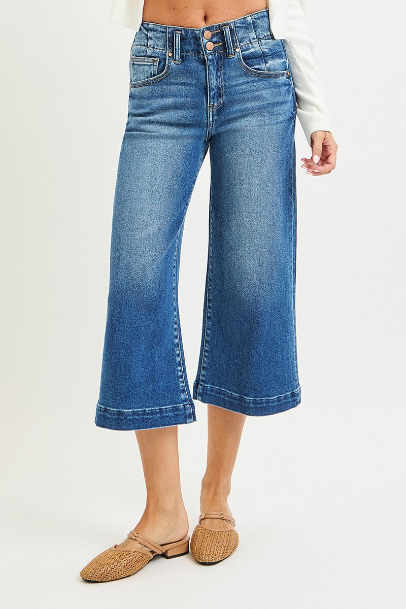 High Rise-Crop Wide-Double Button Detail Jeans front