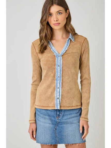 WASHED RIB THERMAL BUTTON DOWN TOP