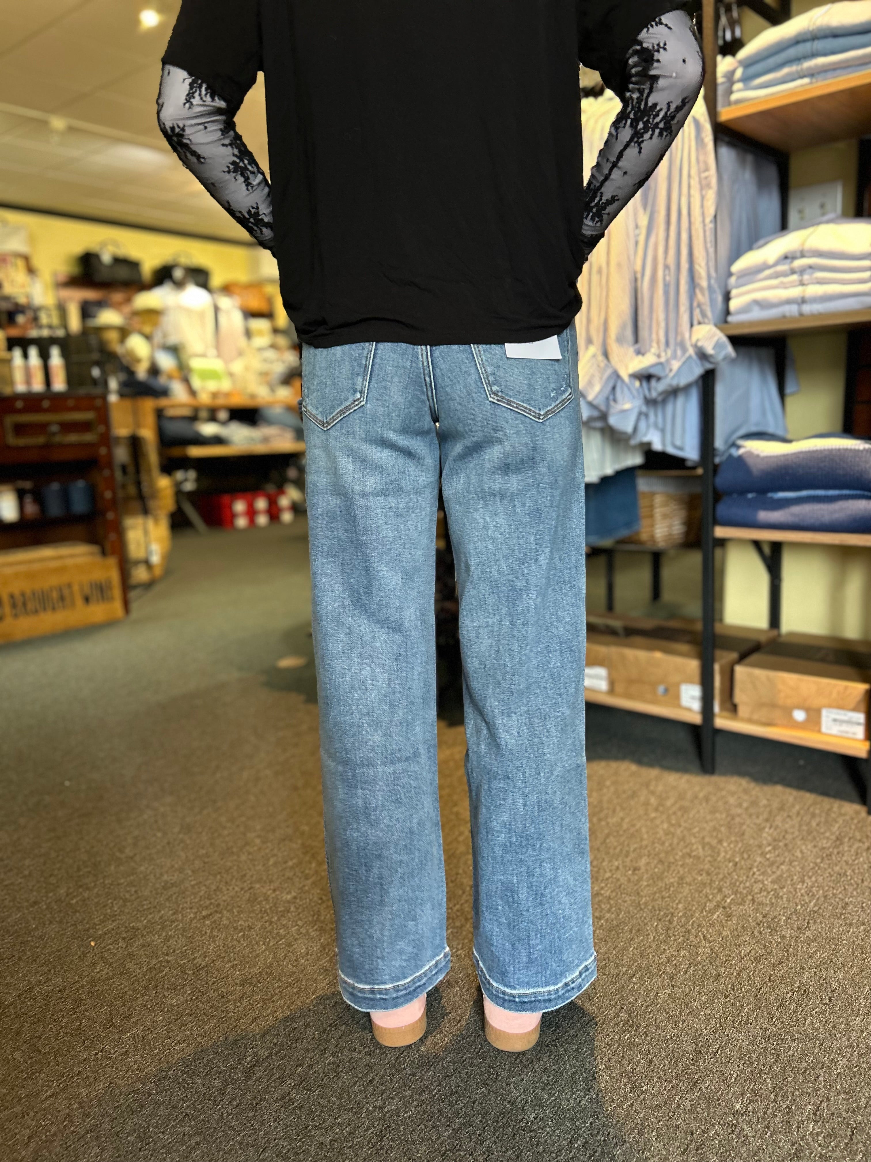 Mid Rise Medium Wash Ankle Wide Jeans