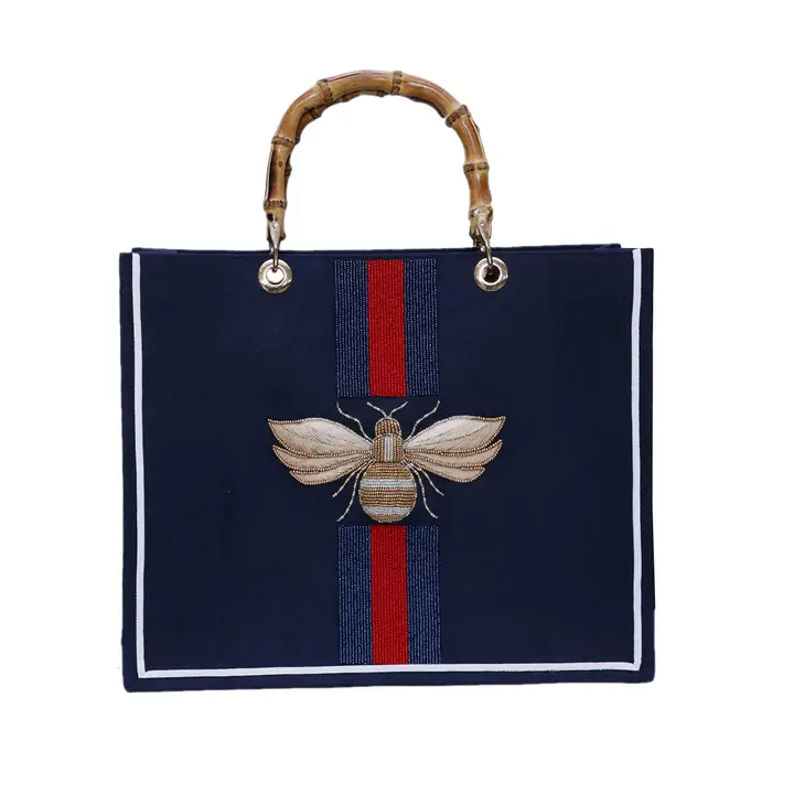 Queen Bee Vertical Design Tote With Bamboo Handle