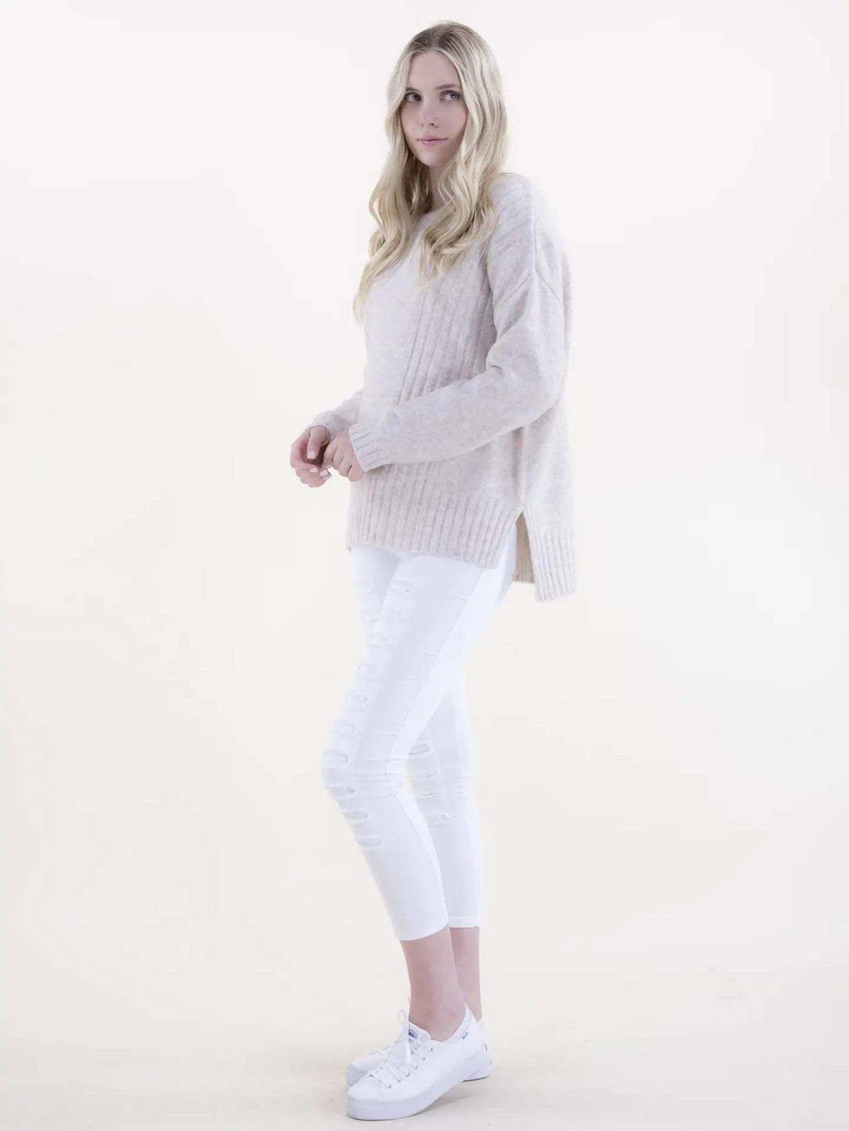 Crewneck Sweater Ribbed Front Detail-Beige
