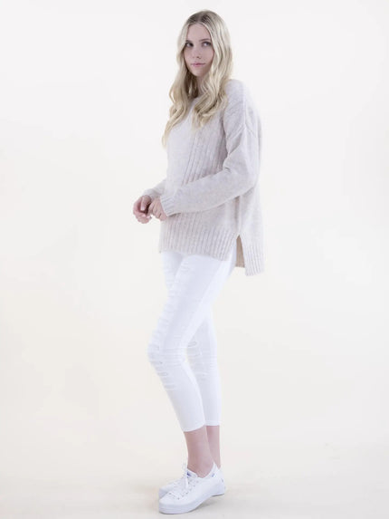 Crewneck Sweater Ribbed Front Detail-Beige