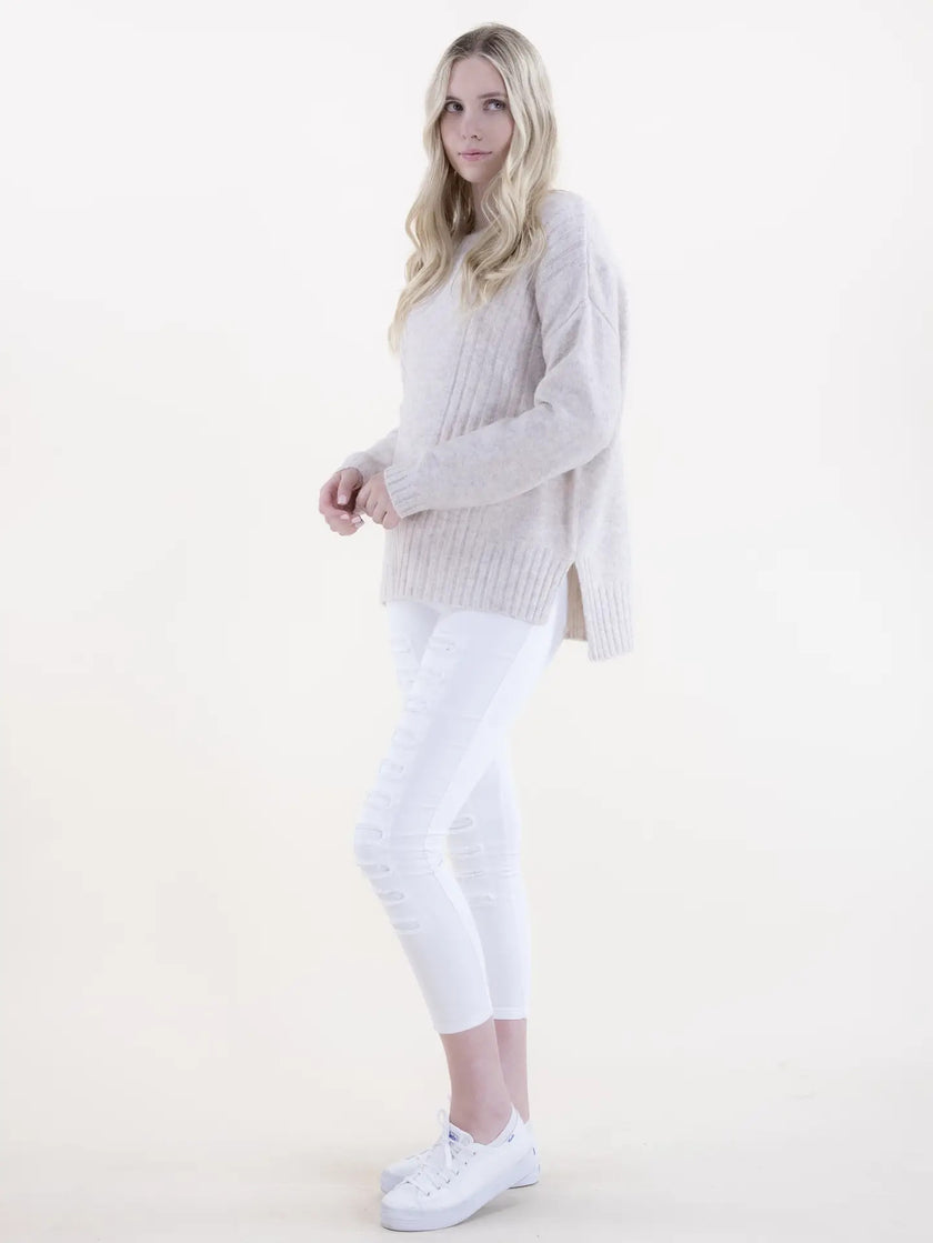 Crewneck Sweater Ribbed Front Detail-Beige