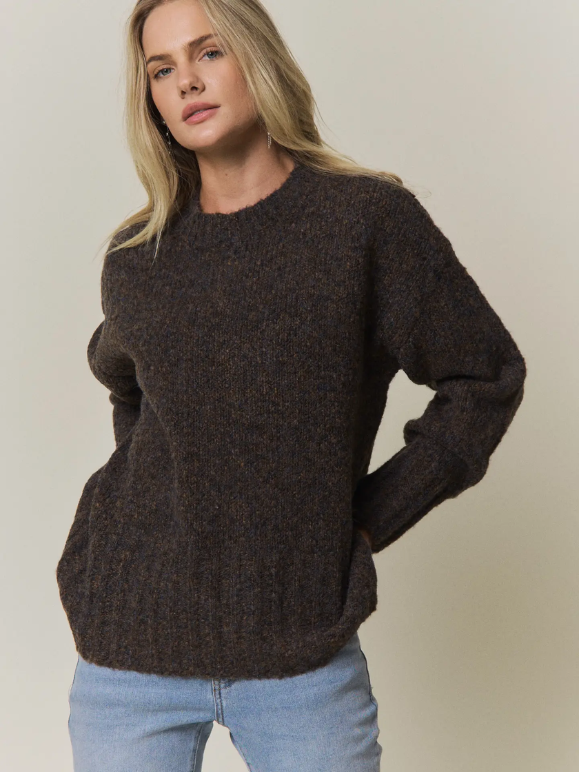 Heathered Crew Neck Knit Sweater, new choco-front