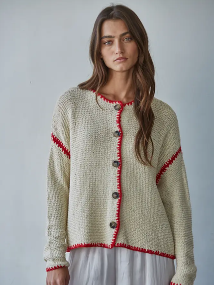 Knit Sweater Cotton Viscose Button Down Round Neck Long Sleeve Cardigan Top With Stitch Detail front