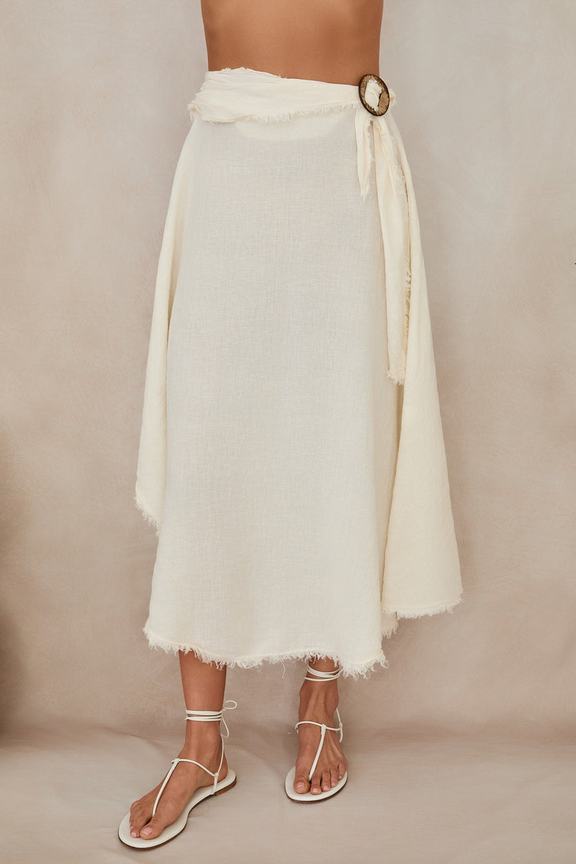 FRINGE RING TIE DETAIL FRONT  LINEN SKIRT, butter-front