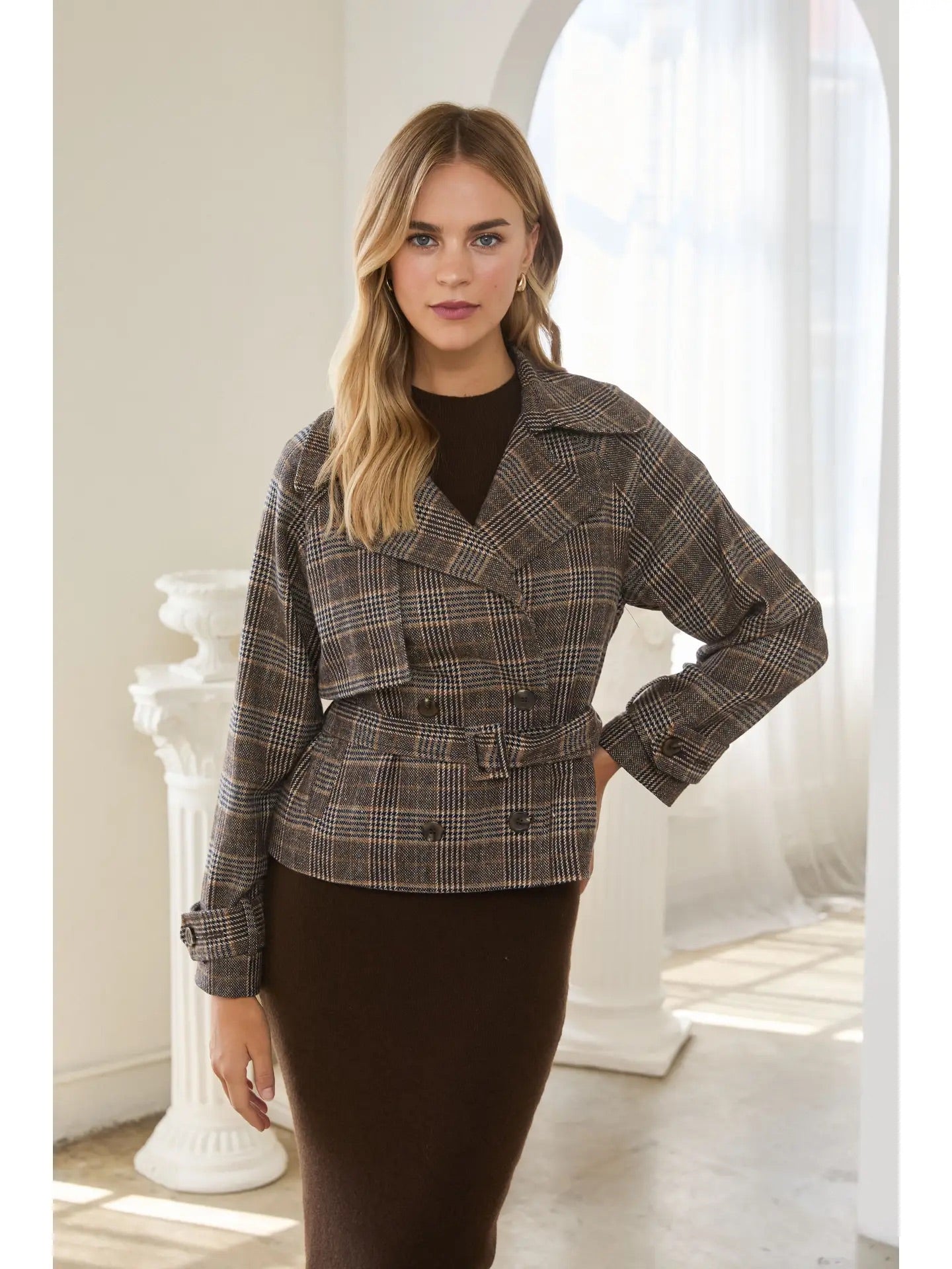 Shelly's Plaid Trench Jacket,brown plaid-front