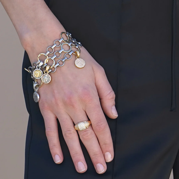 Vintage Silver Flat Ring Triple Chain Charm Bracelet | 7.25