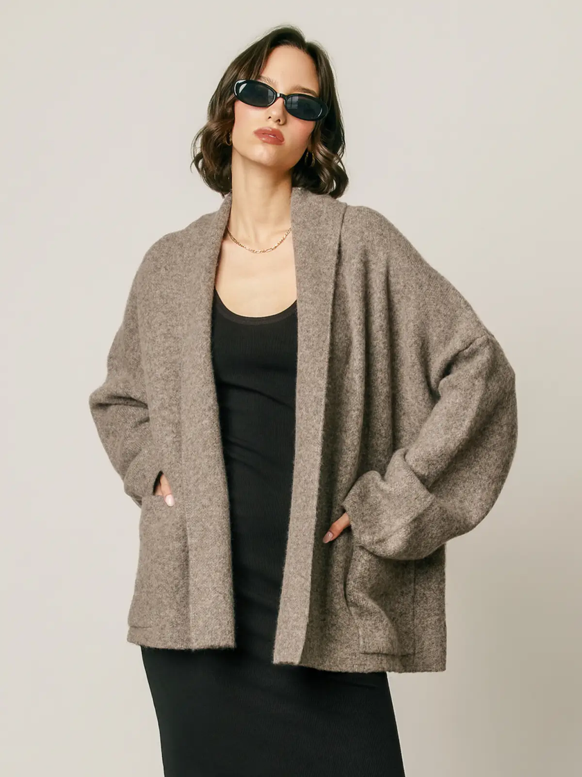 Relaxed Shawl Collar Open Front Cardigan