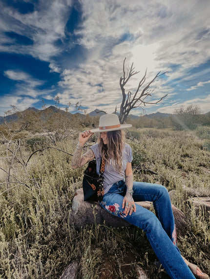 Driftwood Audrey Jeans | Belle Fleur model outside