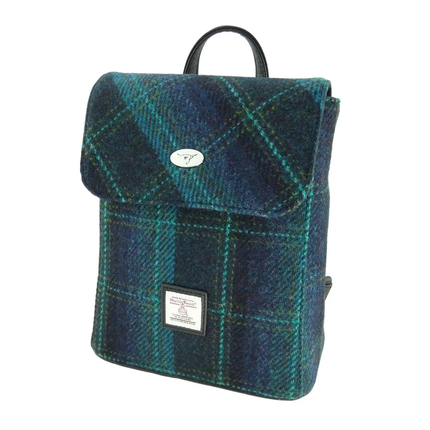 Scottish Harris Tweed 'Tummel' Mini Backpack - Blue with Turquoise Overcheck
