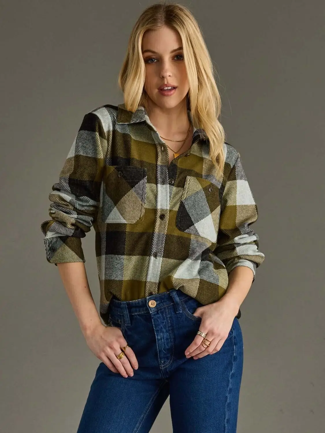 Autumns Plaid Button Up, olive/black-front