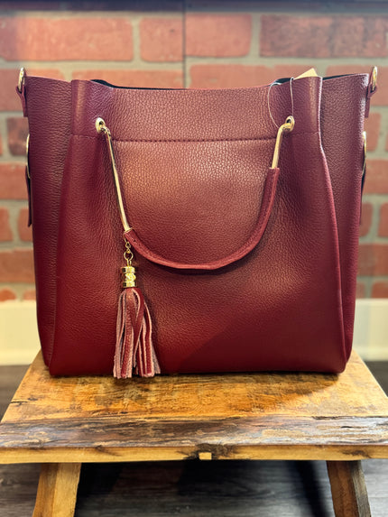 Women's Bucket Bag in Genuine Leather + Inner Bag | Dark Red front