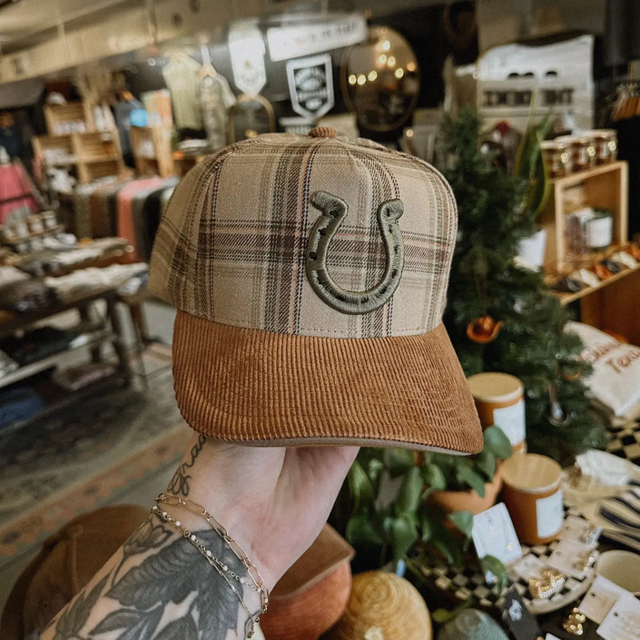 Horseshoe Plaid Corduroy Trucker Hat front