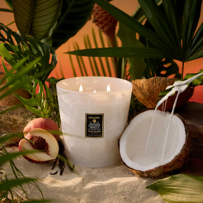  Tahitian Coconut Vanilla 3 Wick Hearth lit