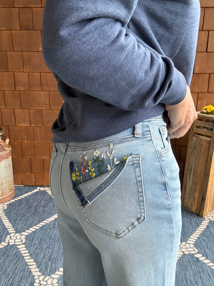 High Rise Embroidered Wide Leg back embroidered pocket