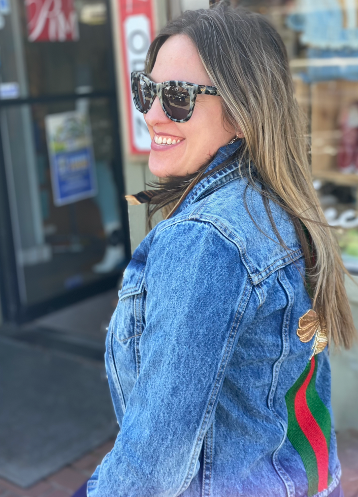 Distressed Denim Jacket With Red & Green Stripe Queen  Bee Back side