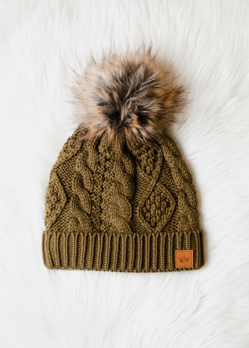 Muted Olive Cable Knit Pom Hat | Olive 