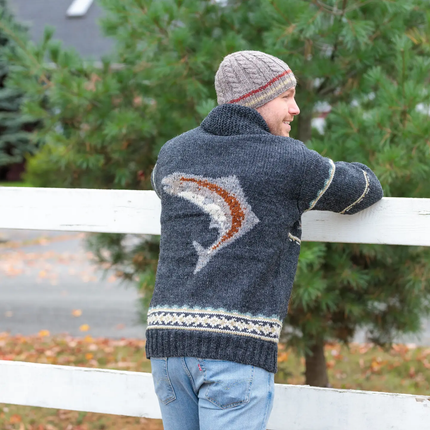 Gone Fishing Sweater Wilderness Adventure JKT, back of sweater, man leaning on fence.