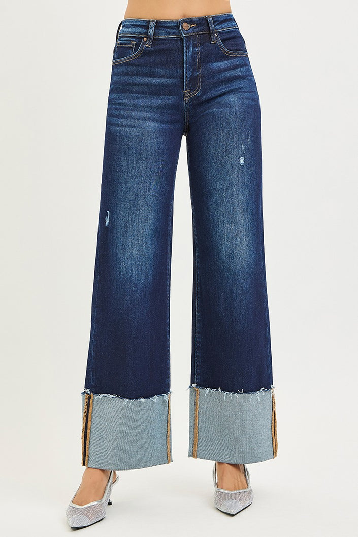 High Rise Ankle Wide Cuffed Jeans deep blue front