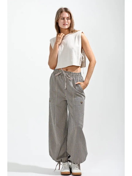 Elastic Waist VIntage Washed Stripe Pants Latte Front