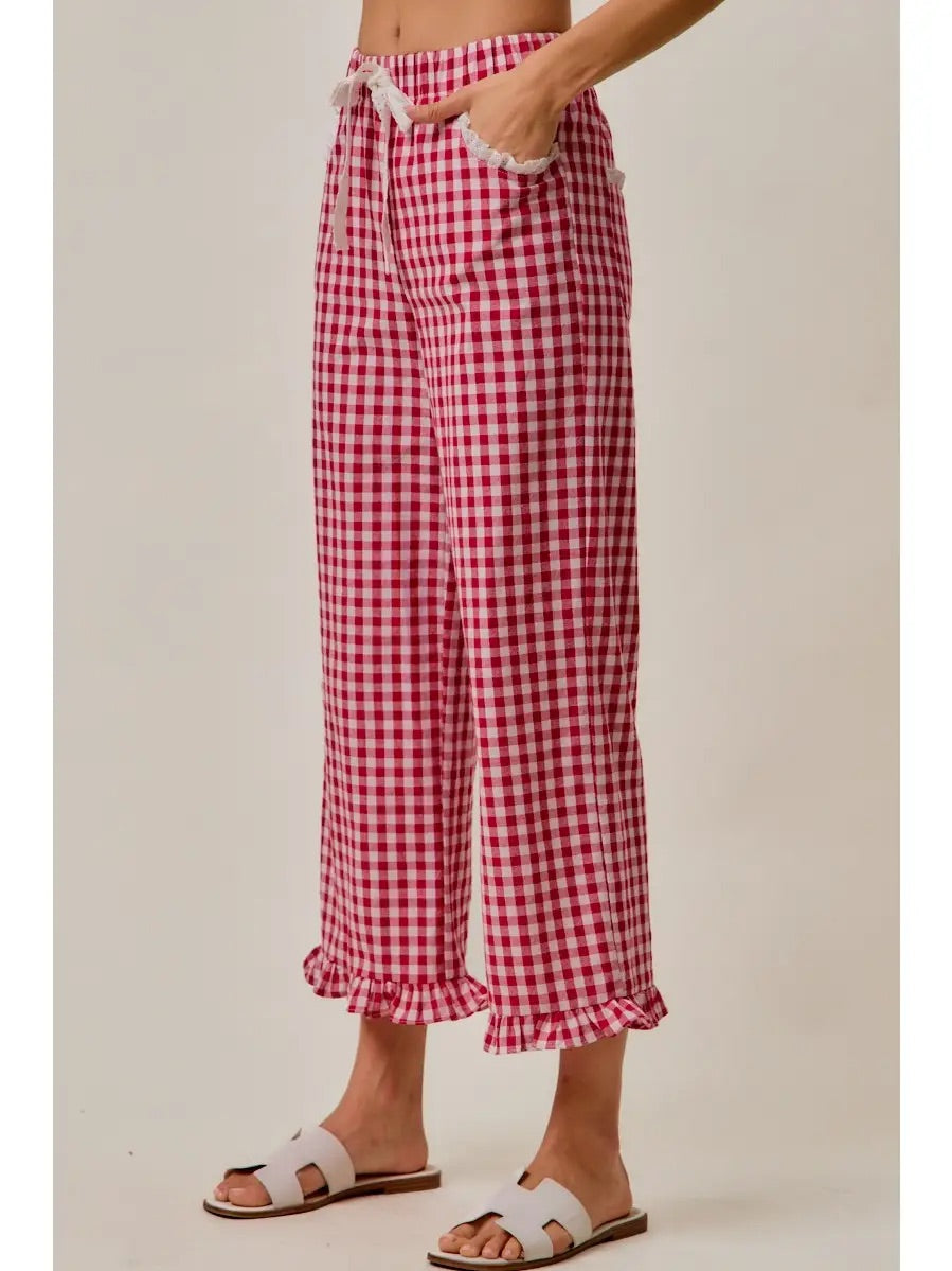 Ruffled Bottom Gingham Lace Trim Pant, Red Check
