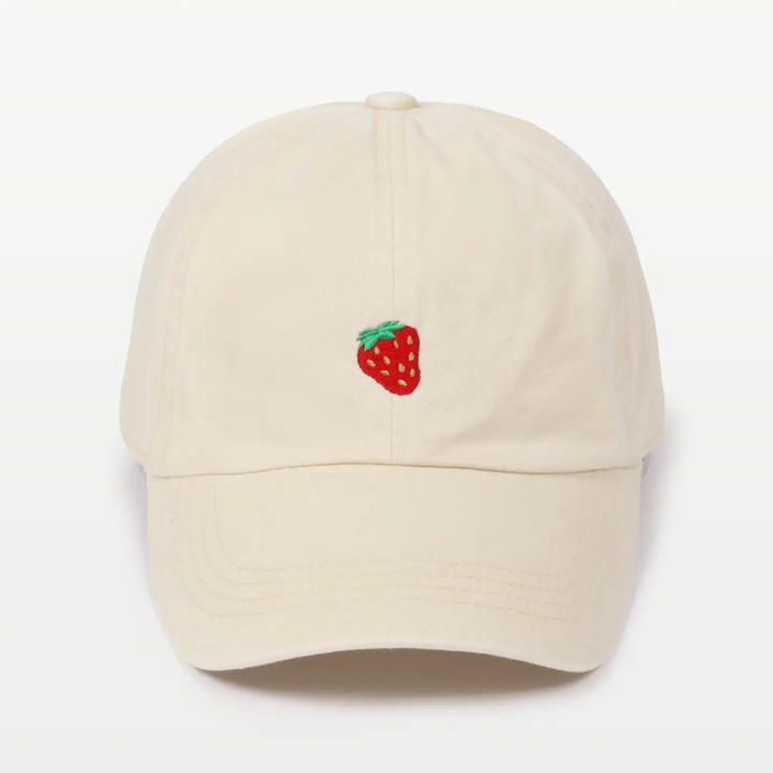 Strawberry Embroidery Cotton Baseball Cap Beige