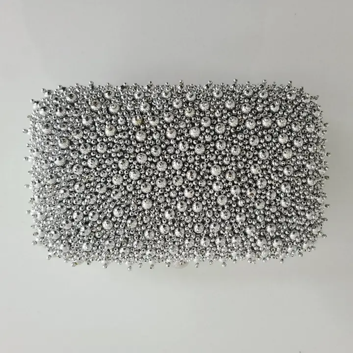 Silver Beaded Box Clutch Bag