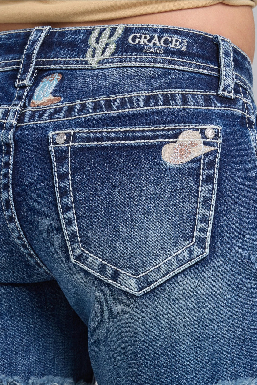 Grace Denim Cactus Floral Embroidered Short