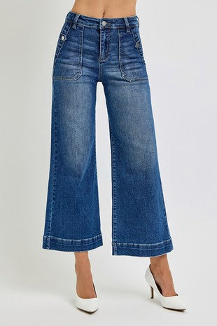 High Rise-Ankle Wide Leg-Patch Front Pocket Jeans