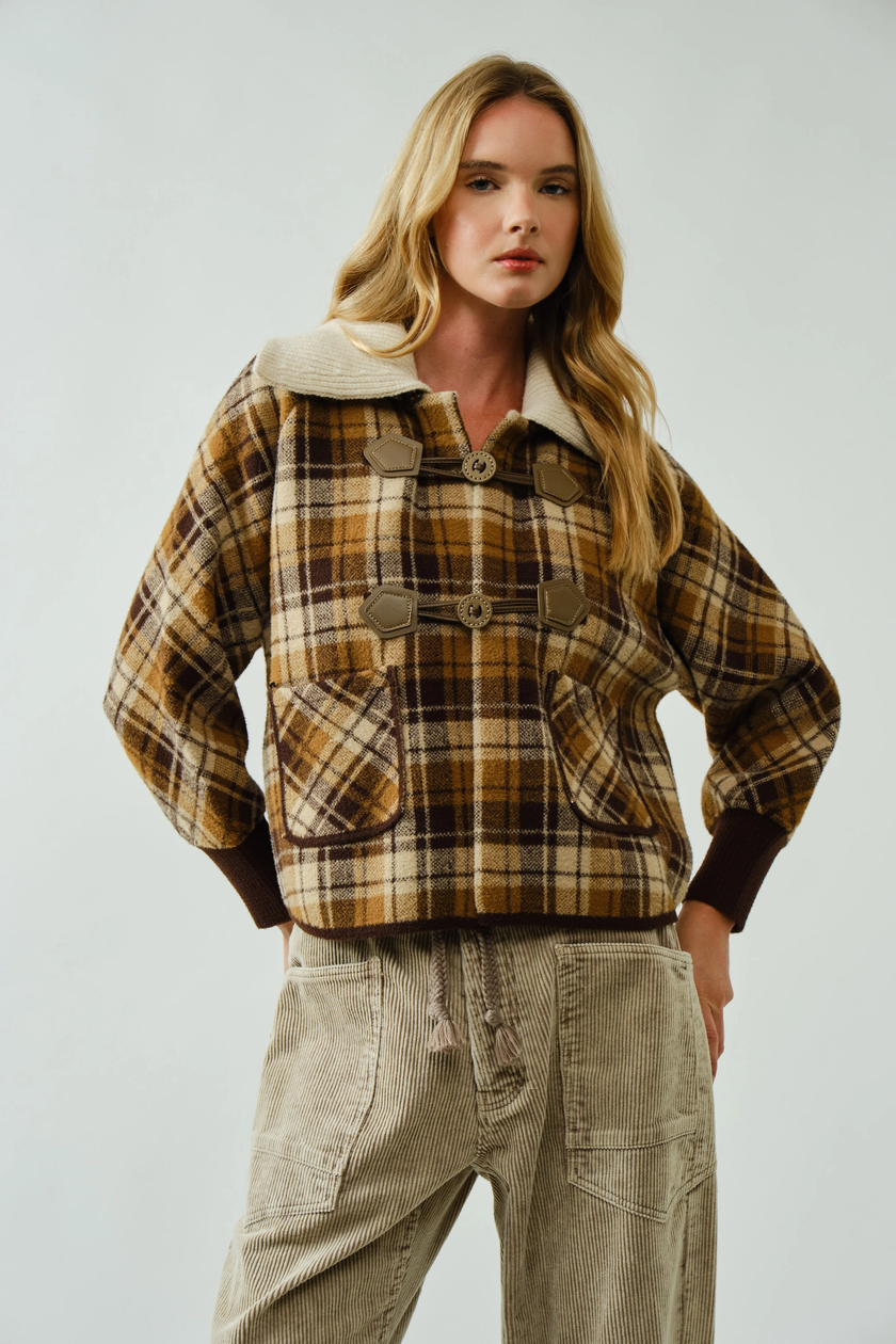 REMOVABLE COLLAR DUFFLE COAT STYLE SWEATER JACKET Hands on side Taupe Brown  