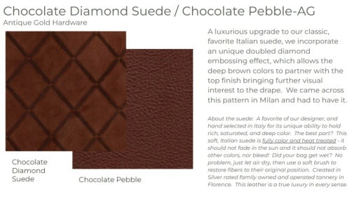 Chocolate Diamond Suede and Chocolate Pebble leather swatches with descriptive text.
