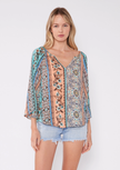 Bohemian Wide Sleeve Split V Neck Blouse Natural/Tangerine front