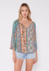 Bohemian Wide Sleeve Split V Neck Blouse Natural/Tangerine front