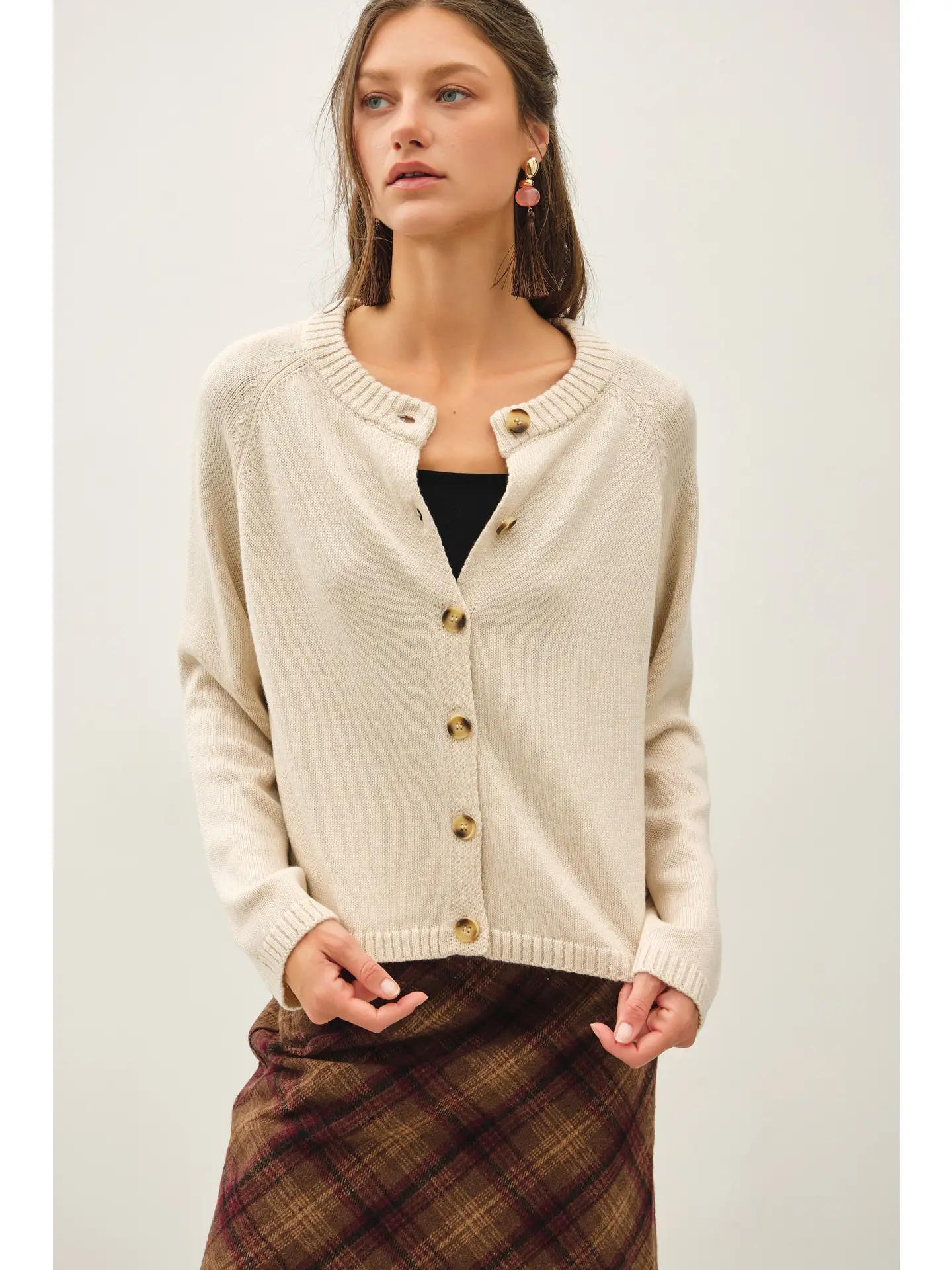 Essential Basic Crewneck Button Up Raglan Cardigan