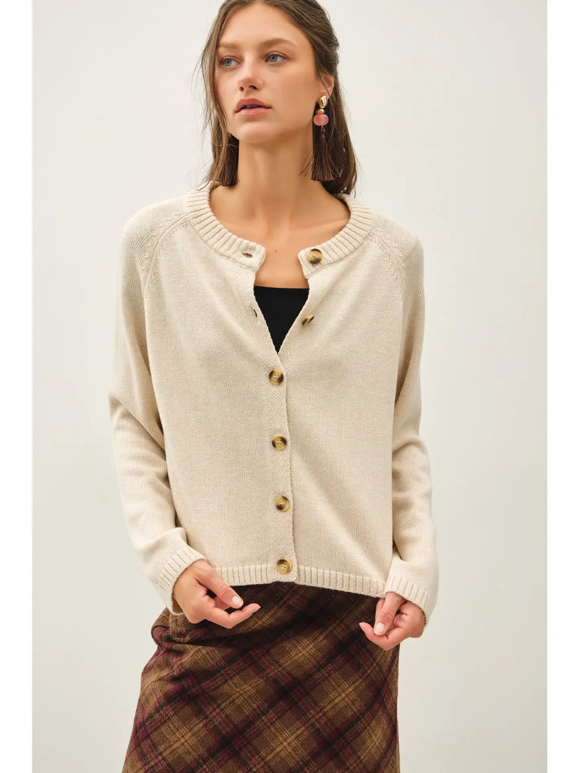 Essential Basic Crewneck Button Up Raglan Cardigan