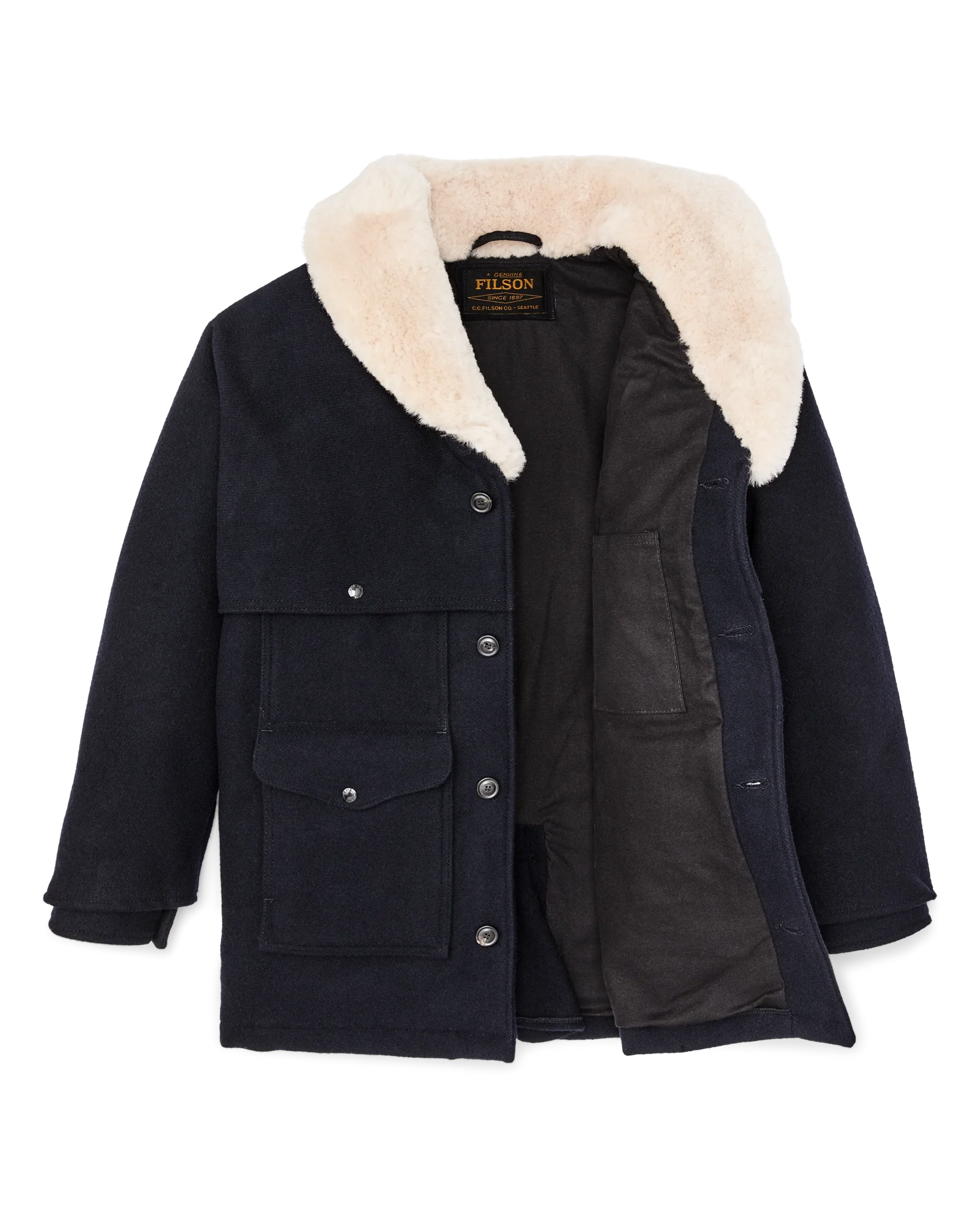 Filson Lined Wool Packer Coat navy stock open