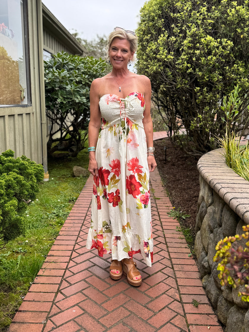 Sandra Watercolor Floral Ruched Maxi, white red-front