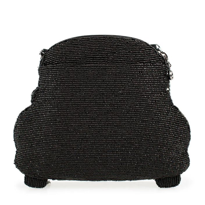 On the Road Black Car White Flower Beaded Crossbody Handbag