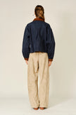 Contrast Collar Pleated Bubble Sleeve Barn Jacket, navy-back