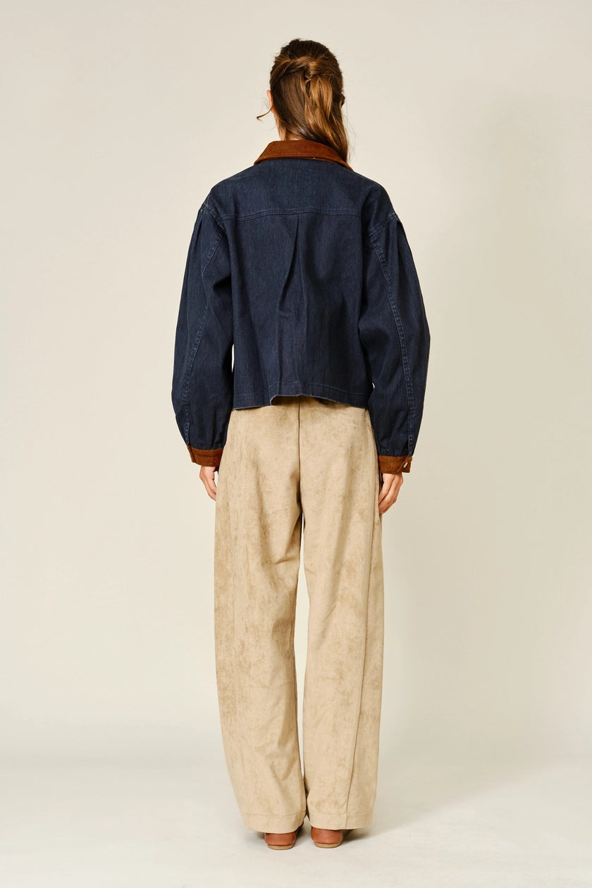 Contrast Collar Pleated Bubble Sleeve Barn Jacket, navy-back