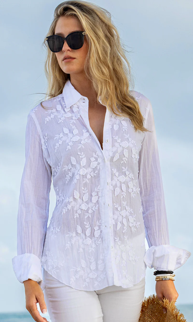 ETIENNE WHITE EMBROIDERED BUTTON DOWN SHIRT