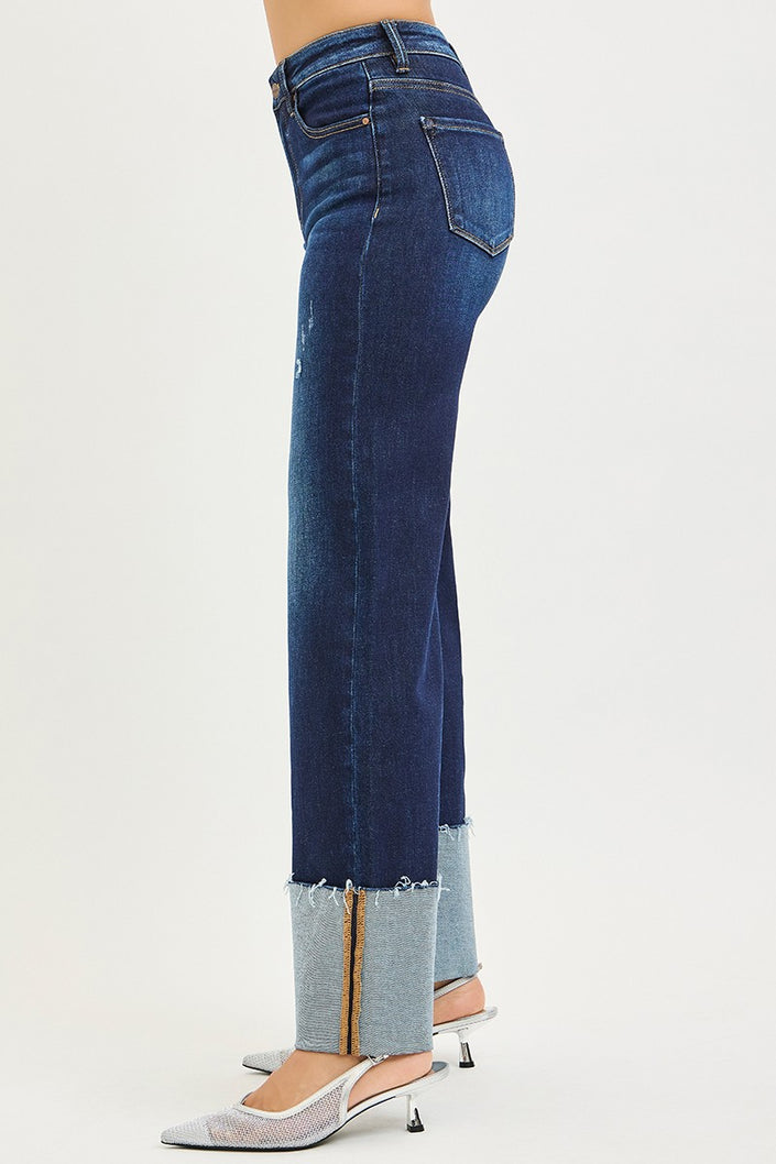 High Rise Ankle Wide Cuffed Jeans side deep blue