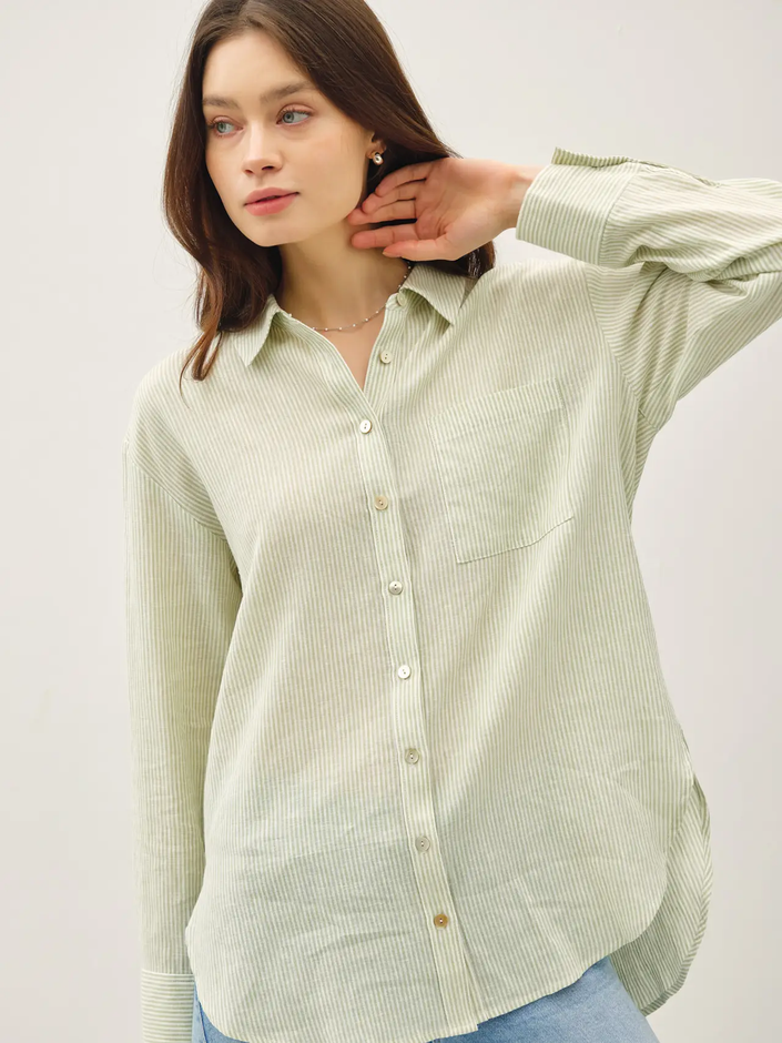  Kari Linen Pinstripe Button up green front