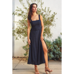 Linen Square Neck Buckle Midi Dress, navy-front