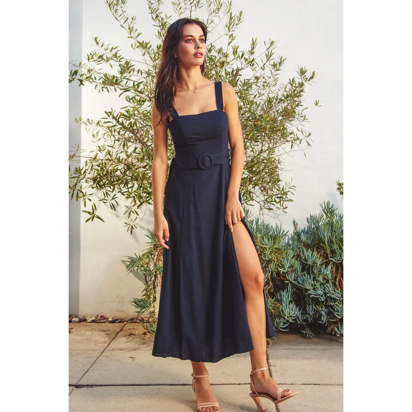 Linen Square Neck Buckle Midi Dress, navy-front