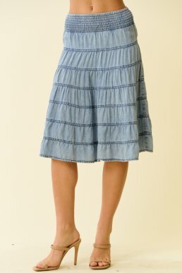 Tencel Chambray Tiered Shirring Midi Skirt