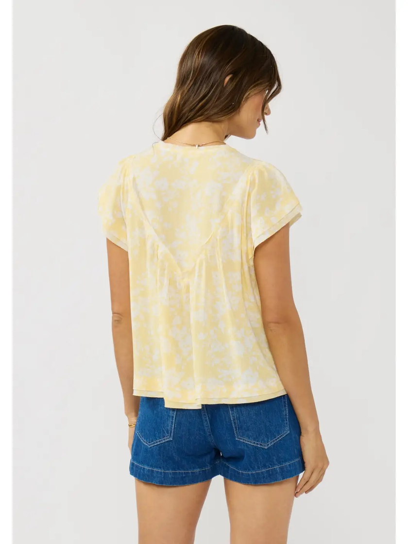 Jammie Flutter V-Neck Floral Top, yellow cream-back
