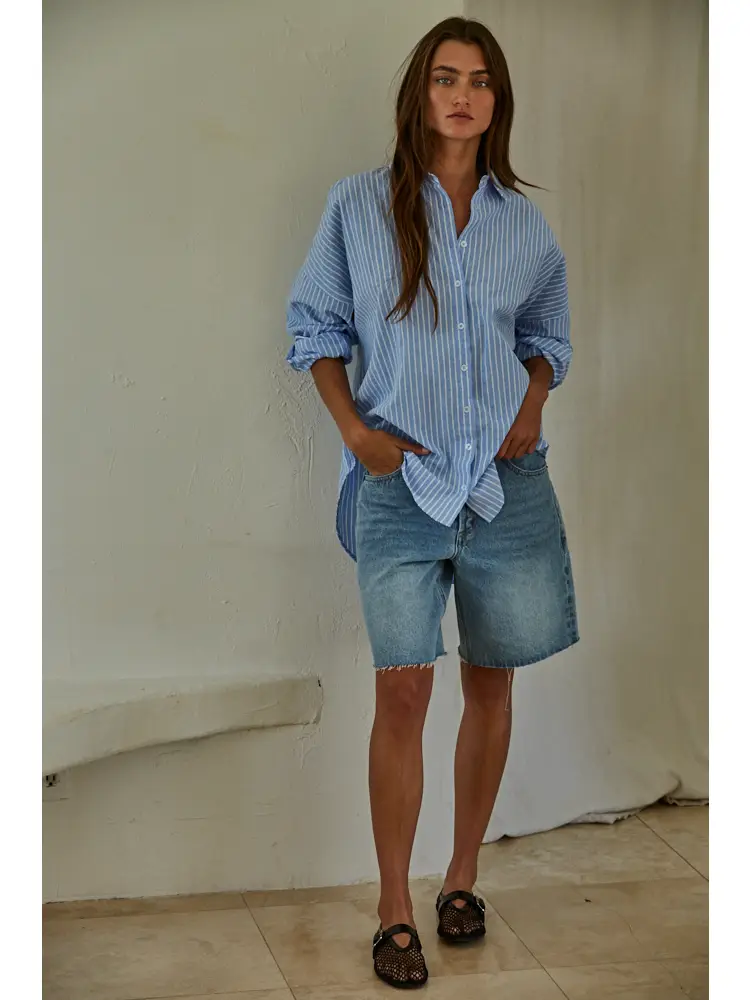 Woven Cotton Polyester Striped Buttondown Shirt denim blue front