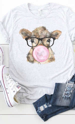 Bubble Gum Cow With Glasses  Tee Ash Grey